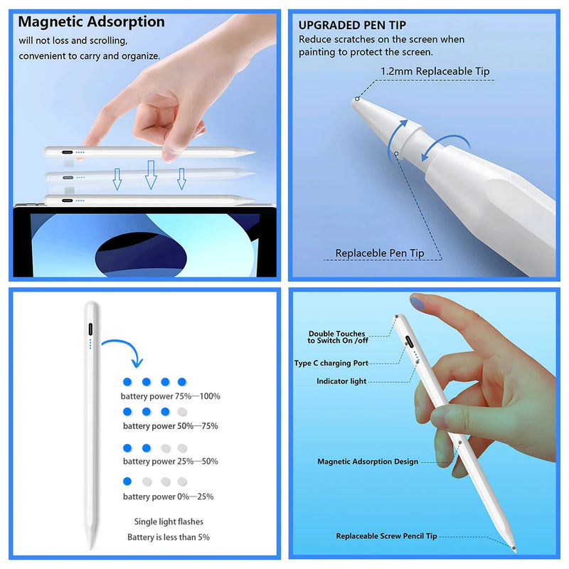 Caneta stylus para apple ipad, exibição de energia para ipad, acessórios de lápis 2022 2021 2020 2019 2018 pro air mini stylus