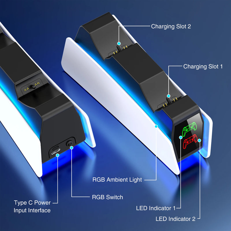 Estação de carregamento do controlador rgb para playstation 5 carregador rápido duplo indicador led