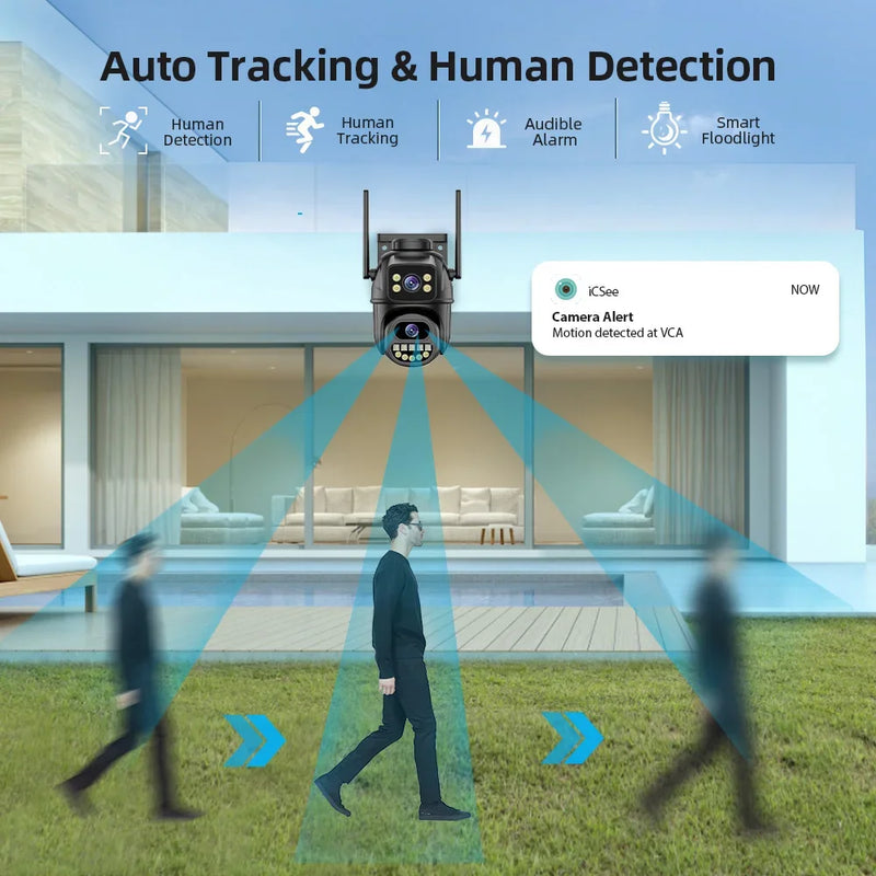 Câmera de vigilância BELIA 4K 8MP WiFi, lente dupla, zoom digital 4X, detecção humana AI, ONVIF, câmeras IP PTZ de segurança externa