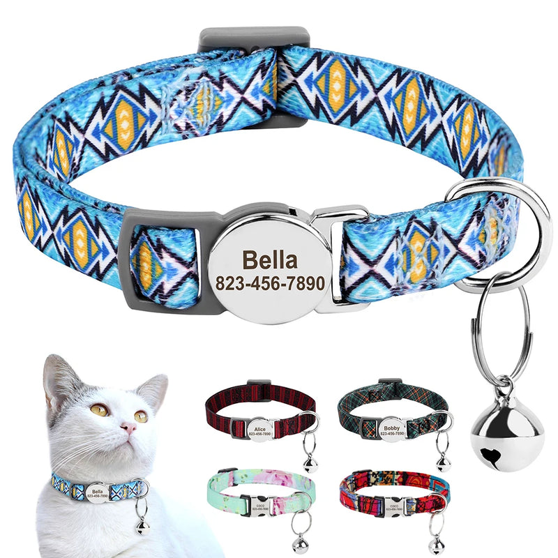 Coleira impressa personalizada para gatos, coleira ajustável para filhotes de gatinhos com placa de identificação gravada grátis, sino anti-perda para gatos