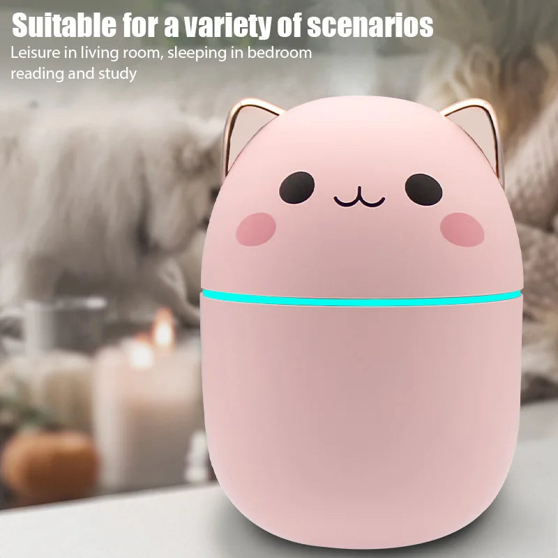 Mini umidificador de ar fofo de gatinho, umidificador de óleo essencial para casa, quarto, difusor de aroma, purificador de perfume, névoa fria, umidificador