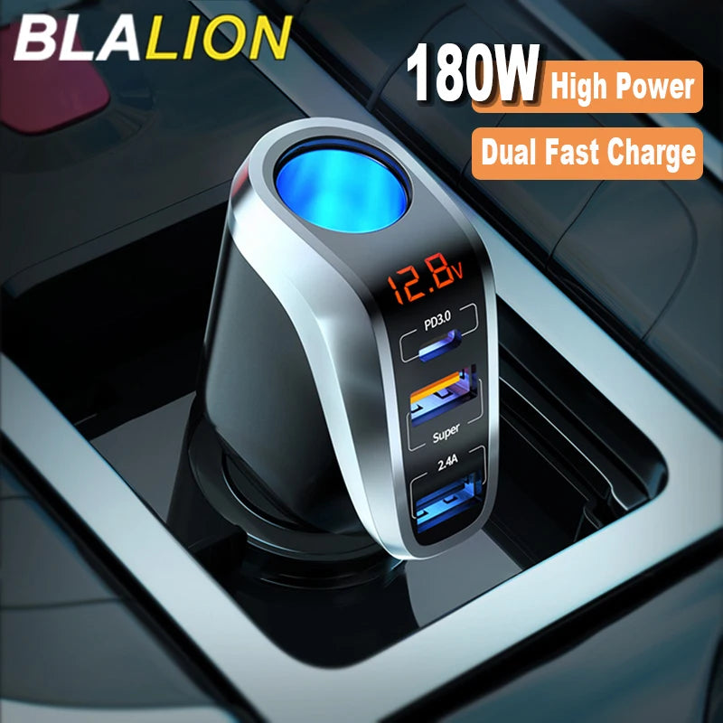 Blalion 180w usb carregador de carro com carregamento super rápido qc3.0 pd 66w carga rápida na tomada de isqueiro