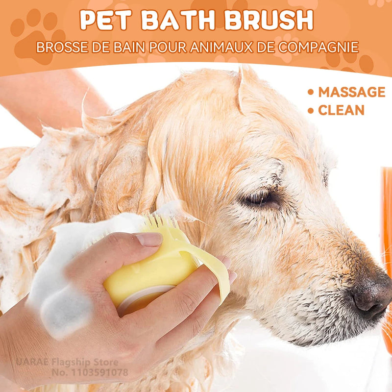 Escova de banho para cães, escova massageadora para animais de estimação, com recipiente de shampoo, escova de silicone macio, cerdas de borracha para cães e gatos, ferramenta de banho