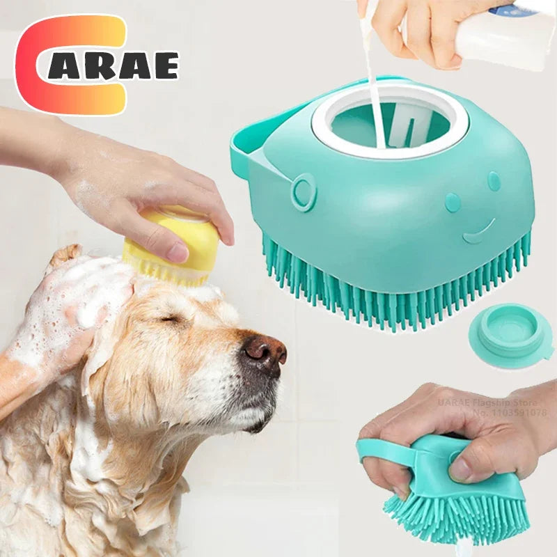 Escova de banho para cães, escova massageadora para animais de estimação, com recipiente de shampoo, escova de silicone macio, cerdas de borracha para cães e gatos, ferramenta de banho