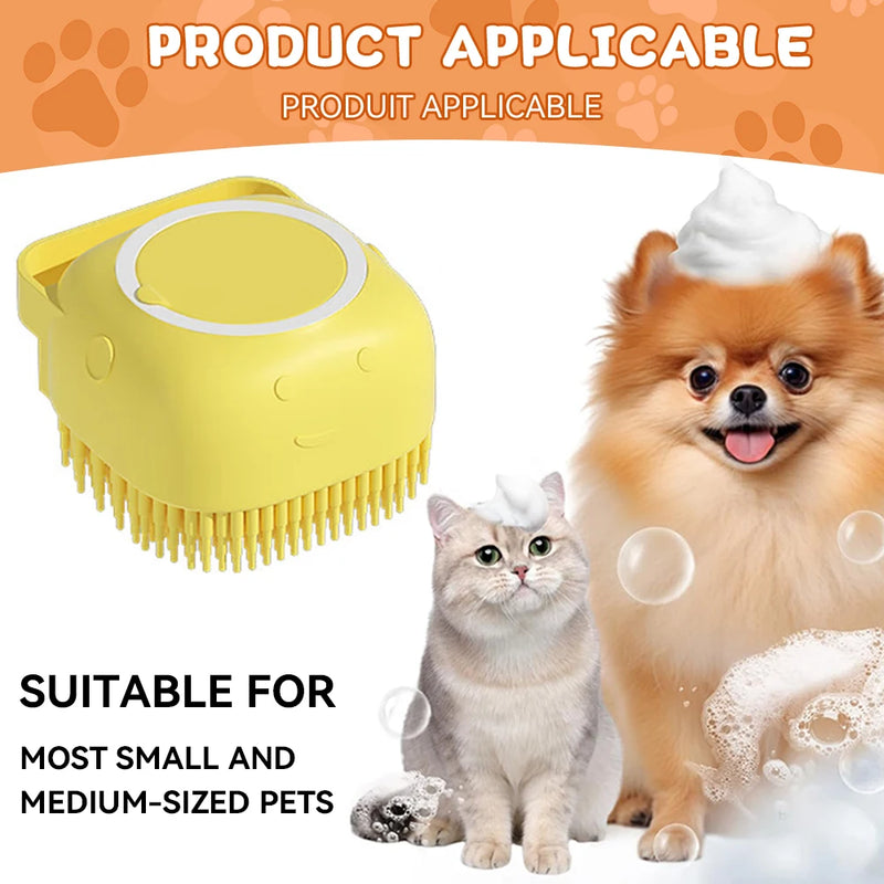 Escova de banho para cães, escova massageadora para animais de estimação, com recipiente de shampoo, escova de silicone macio, cerdas de borracha para cães e gatos, ferramenta de banho